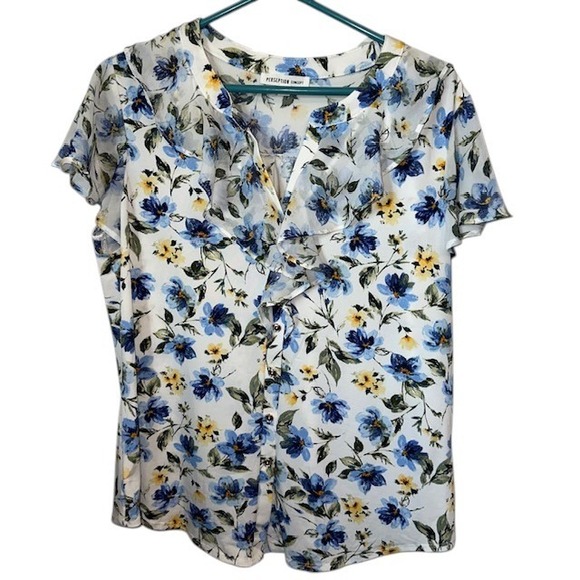 Perseption Concept Floral Ruffle Blouse Button Down Top Short Sleeve Size L‎ - Picture 4 of 16